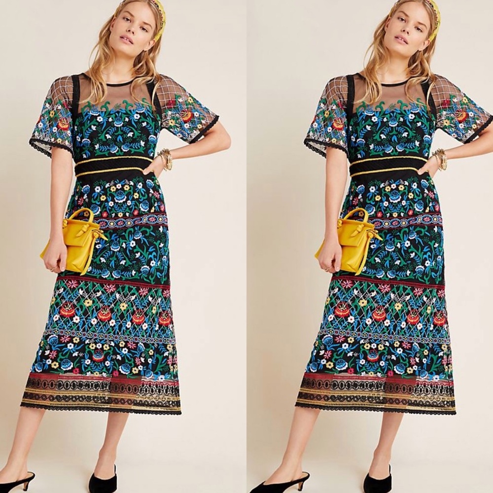 💯 ANTHROPOLOGIE Esther Embroidered Midi Dress
